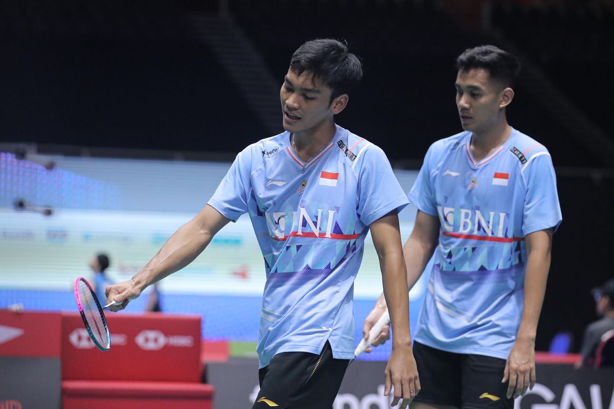 Muhammad Shohibul Fikri/Bagas Maulana saat melawan Kang Min-hyuk/Seo Seung-jae (Korea Selatan) pada babak 16 besar Singapore Open 2024 di Singapore Indoor Stadium, Kamis (30/5/2024). 