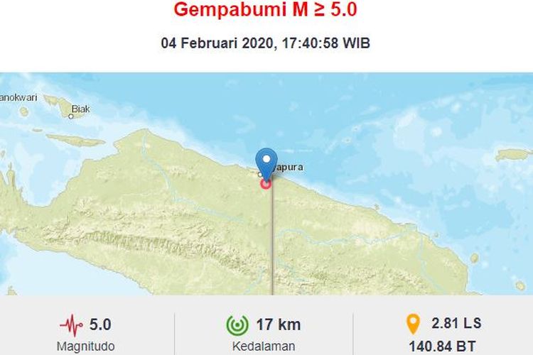 Gempa Jayapura, Sealsa (4/2/2020) sore dengan kekuatan 5,0 Magnitudo