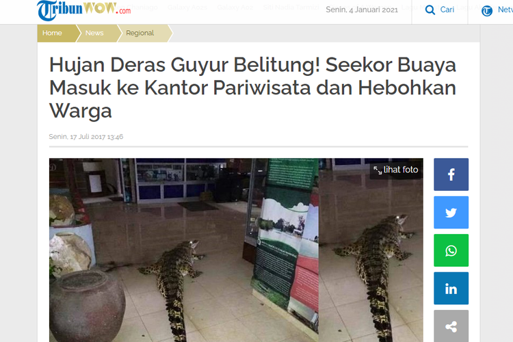 Berita yang mengonfirmasi foto buaya masuk ke dalam ruangan merupakan peristiwa yang terjadi pada 2017 di Belitung Timur.