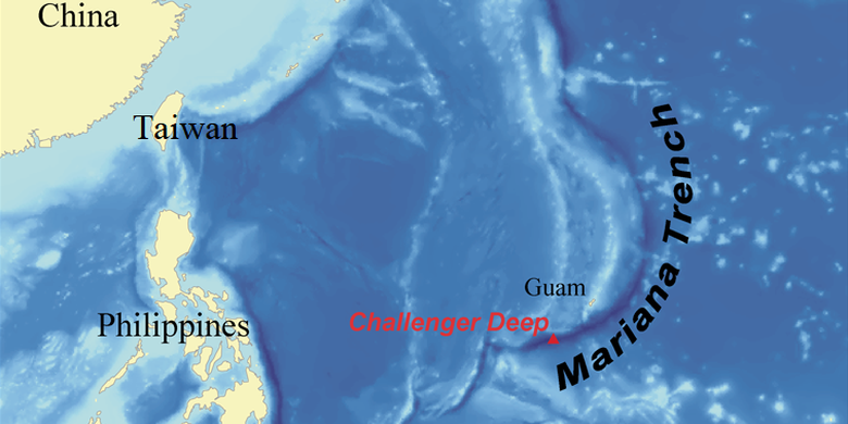 ilustrasi lokasi palung Mariana, palung terdalam di dunia.