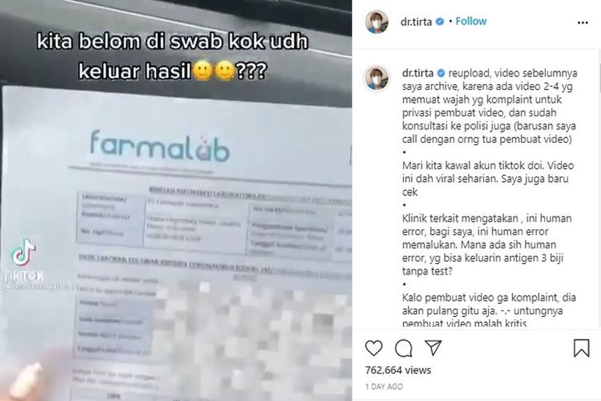 Video viral menunjukkan hasil tes negatif yang keluar tanpa swab di Klinik Farmalab Bandara Soekarno-Hatta.(Tangkapan layar akun Instagram @dr.tirta)