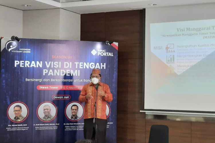Bupati Manggarai Timur, Agas Andreas sedang memaparkan visi dan misi potensi pariwisata di Kabupaten Manggarai Timur, NTT, Selasa, (9/3/2021) di Jakarta. (DOK/PROKOPIM MANGGARAI TIMUR)