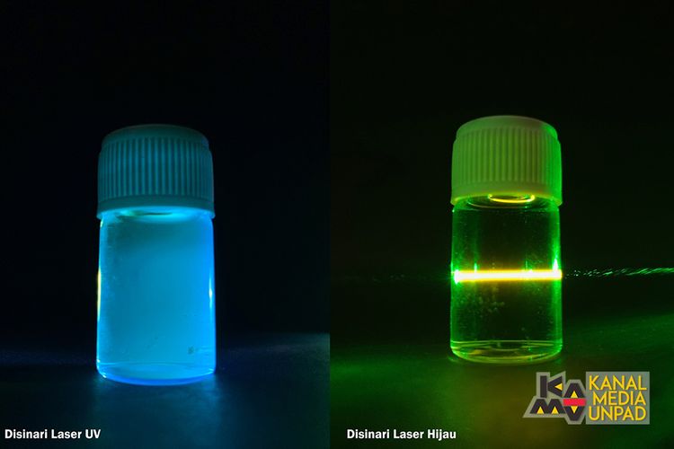 Sampel material carbon quantum dots yang didoping nitrogen dan boron sebagai bahan tinta fluoresens karya mahasiswi Unpad saat disinari sinar laser UV dan sinar laser hijau