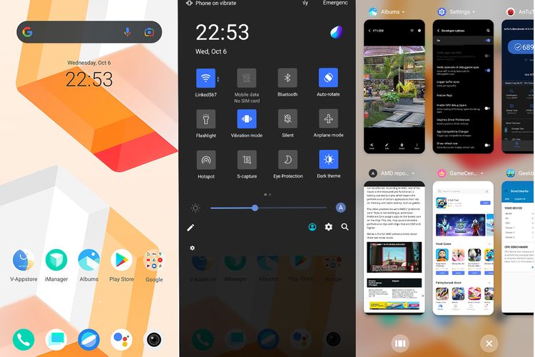 Tampilan home screen (kiri), notification bar (tengah), dan jendela multitasking di Funtouch OS 12 Vivo X70 Pro yang berbasis Android 11. 