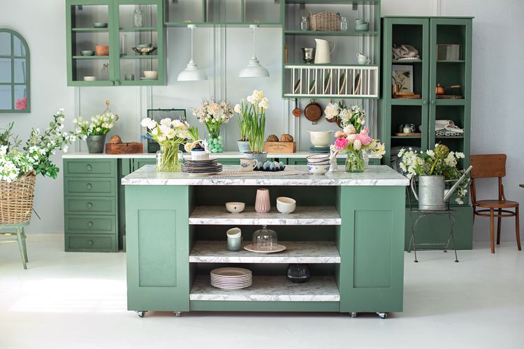 Ilustrasi dekorasi dapur dengan warna sage green. 