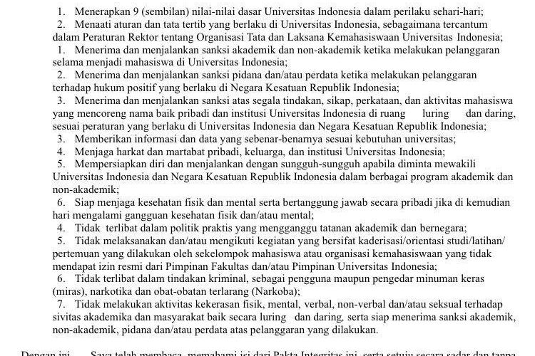 Potret layar lembar pakta integritas yang mesti ditandatangani oleh calon mahasiswa baru Universitas Indonesia di atas materai mulai tahun ajaran 2020/2021.