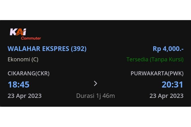 Tangkap layar menu pemesanan kereta api Walahar Ekspress di aplikasi KAI Access.