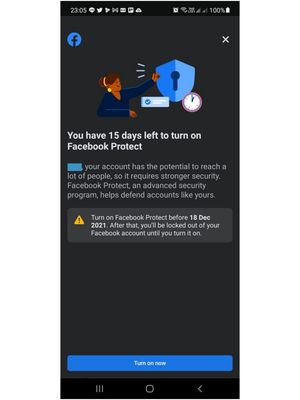 Tampilan prompt Facebook Protect yang wajib diaktifkan di akun Facebook tertentu.