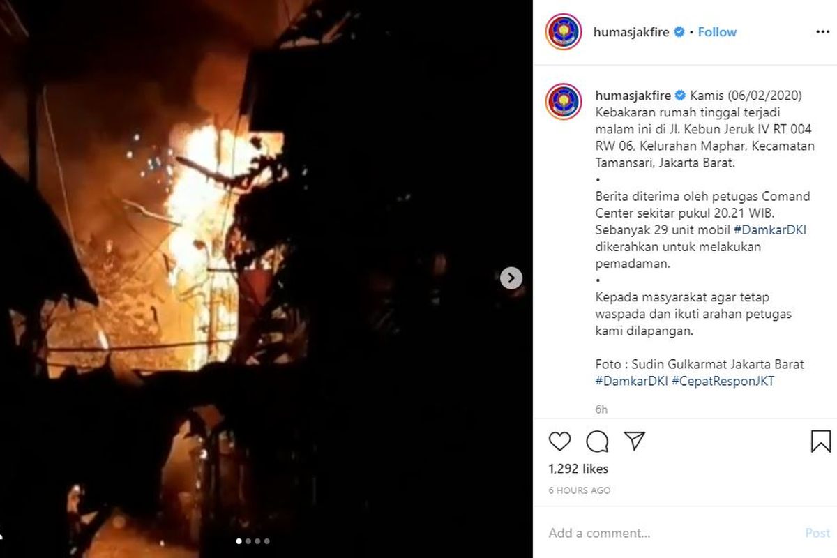 Kebakaran besar terjadi di Jalan Kebon Jeruk IV, Kelurahan Maphar, Kecamatan Taman Sari, Jakarta Barat pada Kamis (6/2/2020) malam.