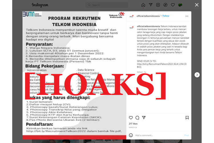 Tangkapan layar lowongan kerja palsu di akun Instagram mengatasnamakan PT Telkom Indonesia (Persero) Tbk.