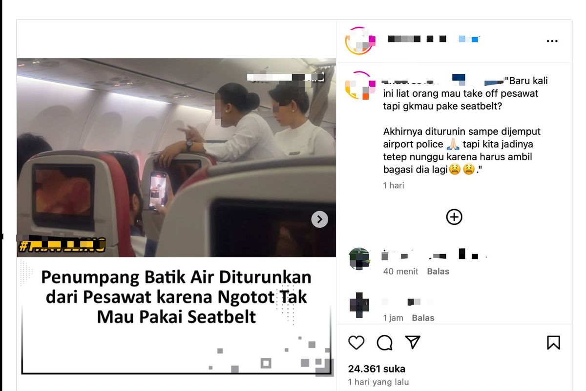 Tangkapan layar penumpang Batik Air diturunkan karena tidak mau pakai seatbelt.