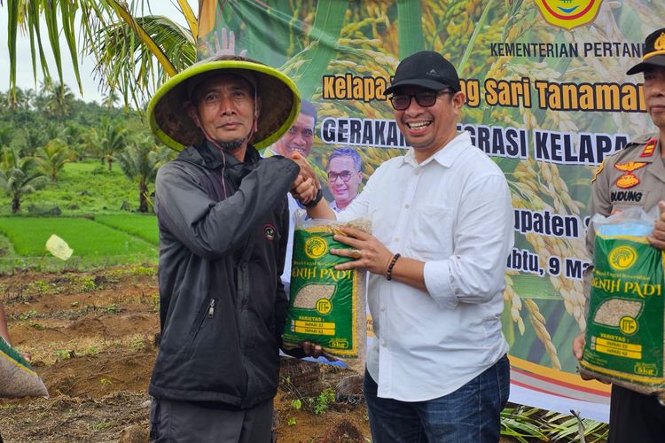 Direktur Tanaman Semusim dan Tahunan Direktorat Jenderal Perkebunan Kementerian Pertanian M Rizal Ismail memberikan bantuan benih padi kepada petadi dalam agenda Program Penanaman Padi Gogo Integrasi di Sukabumi, Sabtu (9/3/2024).