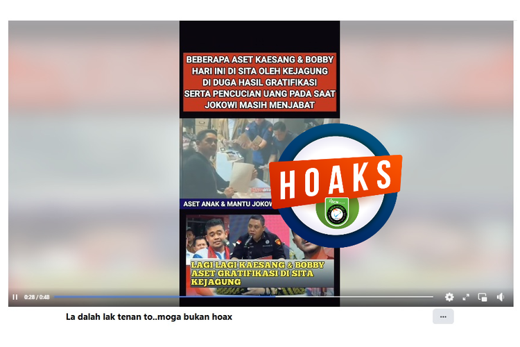 Tangkapan layar Facebook narasi yang mengeklaim Kejagung menyita aset Kaesang Pangarep dan Bobby Nasution