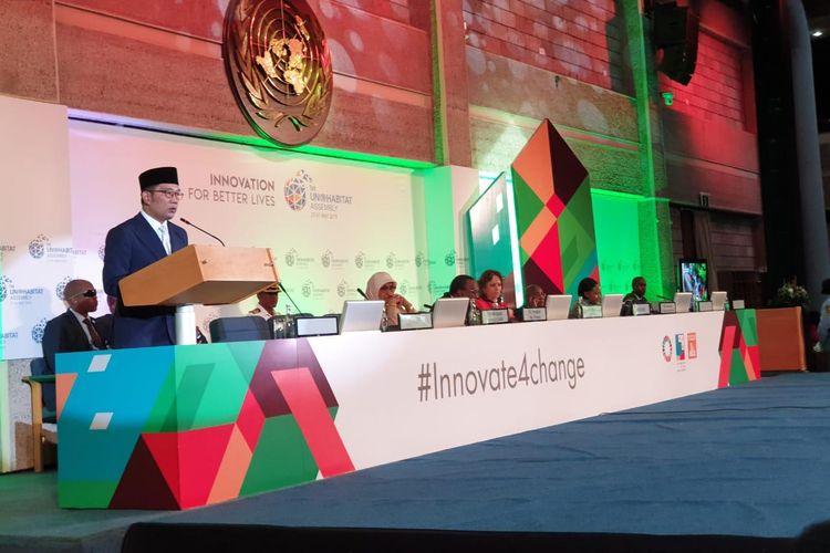 Gubernur Jawa Barat Ridwan Kamil saat menyampaikan pidato di sidang perdanan UN-Habitat di Nairobi, Kenya, Senin (27/5/2019).
