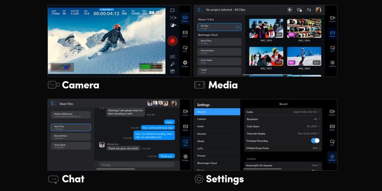 Antarmuka utama, browser media, menu setting, dan jendela chat di aplikasi Blackmagic Camera