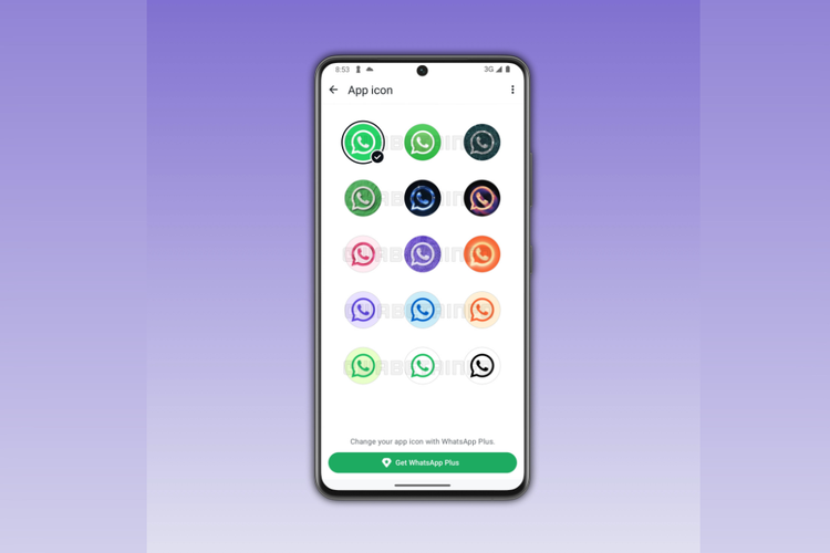 Pilihan ikon aplikasi yang ditawarkan oleh paket langganan WhatsApp Plus.