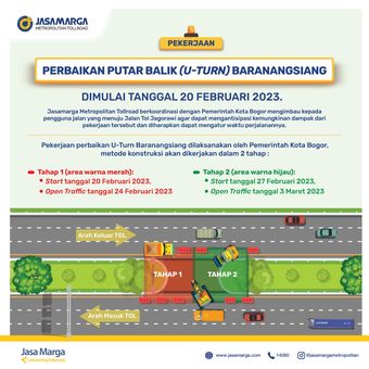 Mulai tanggal 20 Februari 2023, Pemerintah Kota Bogor akan melakukan pekerjaan perbaikan jalan di lokasi putar balik (u-turn) Baranangsiang, Bogor.