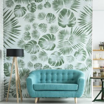 Ilustrasi ruang keluarga dengan wallpaper.