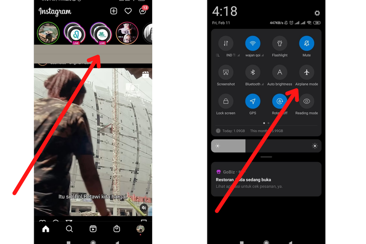 Cara melihat Story IG tanpa diketahui dengan mengaktifkan Airplane Mode.