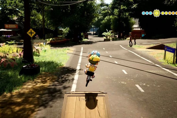 Tampilan gameplay Upin & Ipin Universe ketika sedang bersepeda bersama.