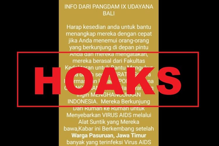 Hoaks, info dari Pangdam IX/Udayana soal penyebaran HIV/AIDS