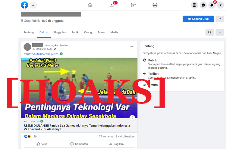 Tangkapan layar unggahan hoak di sebuah akun Facebook, Jumat (20/5/2022), yang menyebut pertandingan Indonesia melawan Thailand dalam SEA Games resmi diulang.