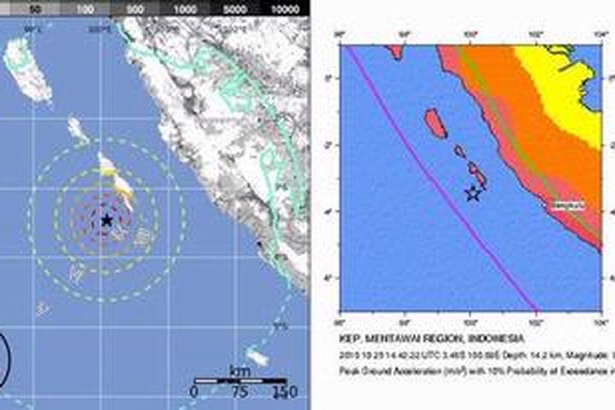 Titik gempa tektonik berkekuatan 7,2 SR di 78 km Barat Daya Pagai Selatan Mentawai sumatera Barat, dengan kedalaman 10 km, Senin (26/10/2010).