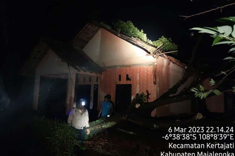 Tim BPBD Kabupaten Majalengka Jawa Barat melakukan proses penanganan pemotongan pohon tumbang, pasca puting beliung pada Senin (6/3/2023) malam.