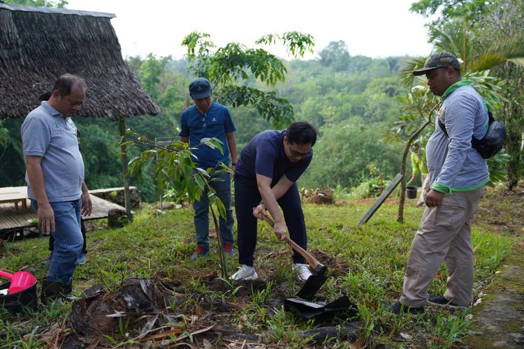 Bupati Hulu Sungai Tengah (HST) H Aulia Oktafiandi sedang mencangkul tanah untuk menanam pohon durian bersama 246 ASN lingkup Pemkab HST di Taman Wisata Pagat Batu Benawa. Minggu (19/11/2023)