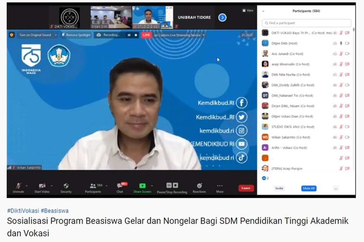 Dirjen Pendidikan Vokasi Wikan Sakarinto dalam acara ?Sosialisasi Program Beasiswa Gelar dan Non-Gelar bagi Sumber Daya Manusia Pendidikan Tinggi Akademik dan Pendidikan Tinggi Vokasi dan Profesi? (11/5/2021).

