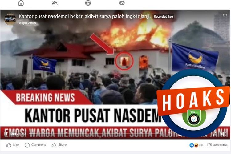 Tangkapan layar Facebook narasi yang menyebut  kantor DPP Nasdem dibakar