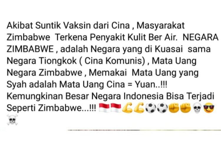 Status Facebook dengan klaim keliru bahwa Zimbabwe menggunakan mata uang sah yuan.