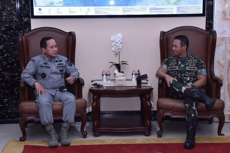 Kepala Badan Keamanan Laut (Bakamla) Laksamana Madya Aan Kurnia menemui Panglima TNI Jenderal Andika Perkasa di Kantor Panglima TNI, Subden Merdeka Barat, Jakarta Pusat, Selasa (22/3/2022).