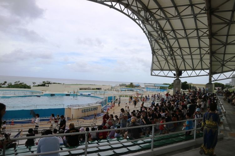 Wisatwan bersiap menyaksikan pertunjuka lumba-lumba di dome Akuarium Churami Okinawa, Okinawa, Jepang, Sabtu (30/6/2018). Aquarium ini merupakan yang terbesar di Jepang, berada di Kota Kunigami, Okinawa.