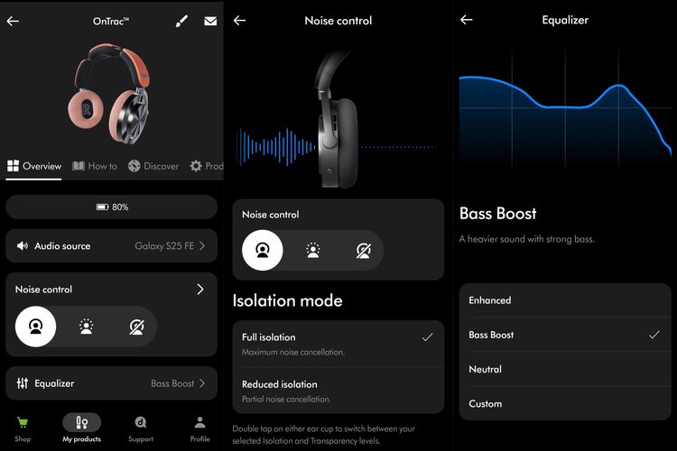 Tampilan aplikasi MyDyson yang sudah dihubungkan dengan headphone Dyson OnTrac. Pengguna bisa mengakses banyak fitur, seperti pengaturan ANC, equalizer, dan lainnya.