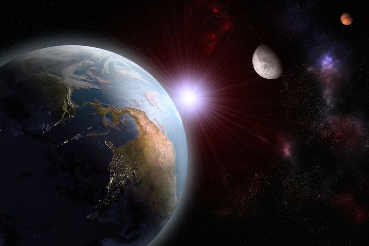 Ilustrasi Bumi, Bulan dan Mars berada pada posisi sejajar.