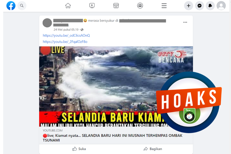 Tangkapan layar unggahan dengan narasi hoaks di sebuah akun Facebook, 24 Mei 2023, yang menyebut Selandia Baru musnah terhempas tsunami.