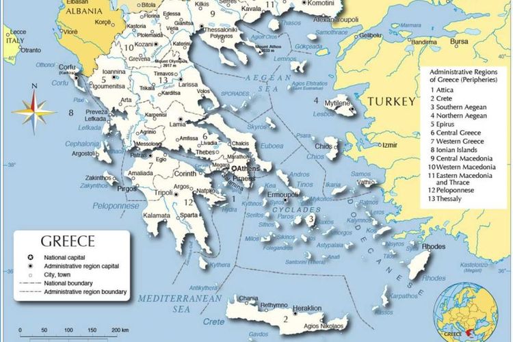 Peta Yunani dan perbatasannya dengan Turki.