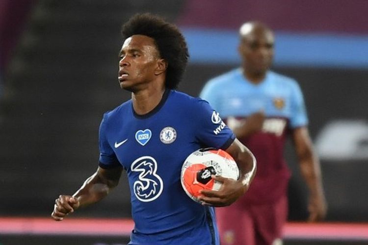 Winger Chelsea, Willian, seusai mencetak gol ke gawang West Ham pada lanjutan pekan ke-32 Liga Inggris, Kamis (2/7/2020) dini hari WIB. Kini, WIllian sudah berkostum Corinthians (Brasil) setelah pindah pada Agustus 2021 dari Arsenal.