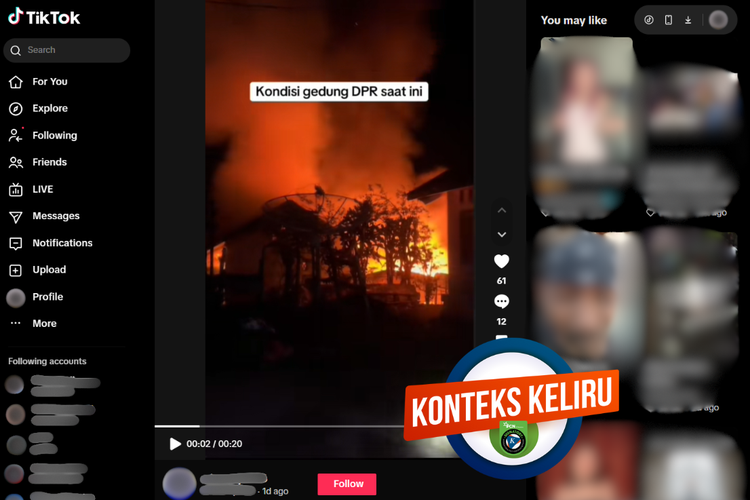Tangkapan layar konten dengan konteks keliru di sebuah akun Facebook, Sabtu (30/8/2025), mengenai Gedung DPR RI dibakar.