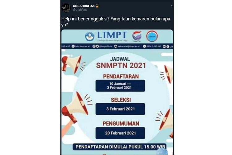 Tangkapan layar poster pelaksanaan Seleksi Nasional Masuk Perguruan Tinggi Negeri (SNMPTN) 2021 yang bertuliskan akan dimulai pada 10 Januari 2021.