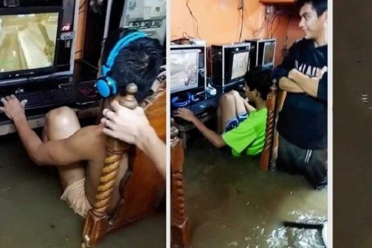 Potongan video yang diunggah di Filipina menunjukkan sekelompok anak muda terus bermain game di sebuah warnet, meski banjir sudah menggenangi tempat mereka.