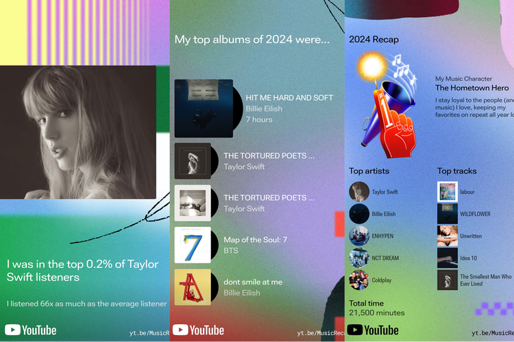 YouTube Music 2024 Recap mengahdirkan statistik dan visual yang bisa di-download, kemudian dibagikan ke media sosial.