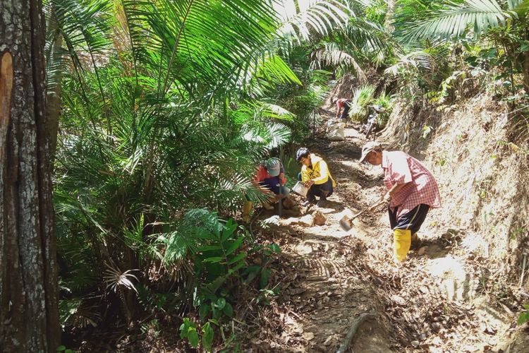 Warga gotong royong memasang kawat berduri untuk mencegah masuknya kawanan babi hutan yang kerap merusak lahan pertanian warga di Panawangan, Kabupaten Ciamis.