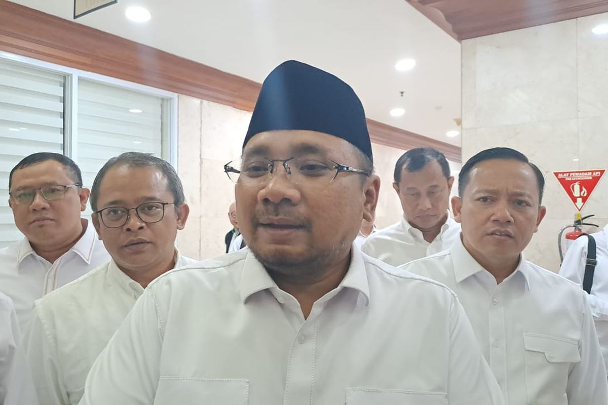 Menteri Agama (Menag) Yaqut Cholil Qoumas saat ditemui di Gedung DPR, Senayan, Jakarta, Senin (18/9/2023). 