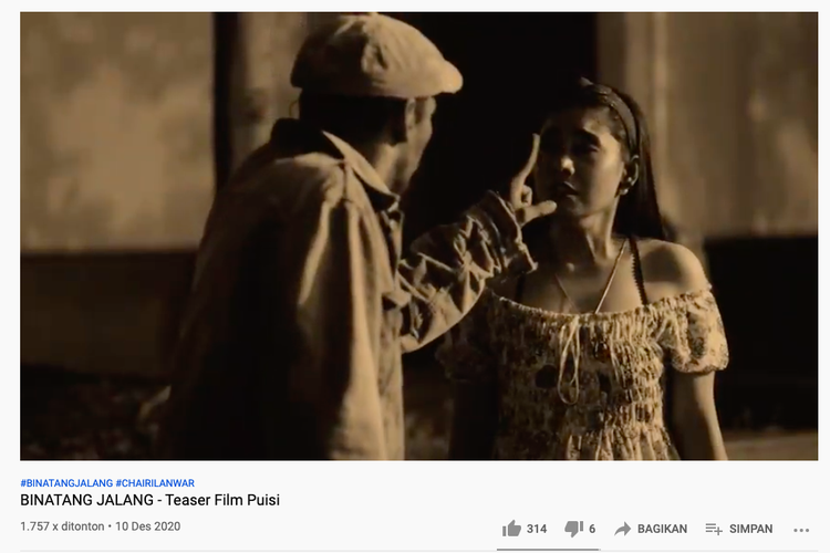 Tangkapan layar dari youtube tentang teaser film Binatang Jalang yang mengangkat puisi Chairil Anwar