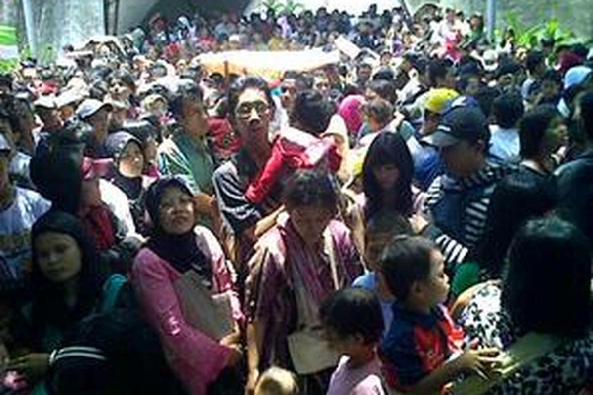 Ribuan orang berdesakan di loket tiket Kebun Binatang Ragunan.