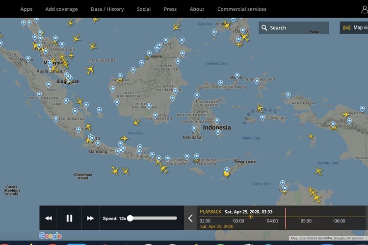 Tangkapan layar dari situs pelacak penerbangan Flightradar24 pada Sabtu (24/4/2020) pukul 11.00 WIB.