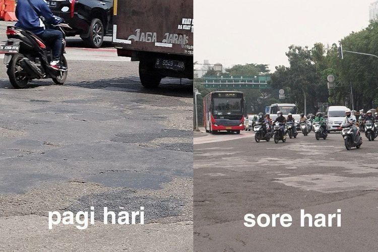 Tambalan aspal di Jalan Medan Merdeka Utara, Gambir, Jakarta Pusat, 22-23 Mei 2023.