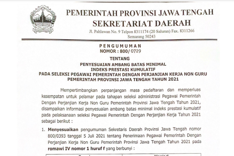 Tangkapan layar penyesuaian nilai IPK minimal PPPK Non Guru Provinsi Jawa Tengah